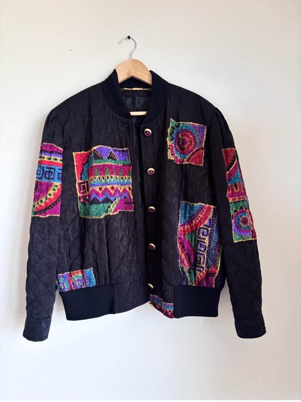 Vintage Basler Black Quilted Bomber Jacket Abstract Graphic Patches Large